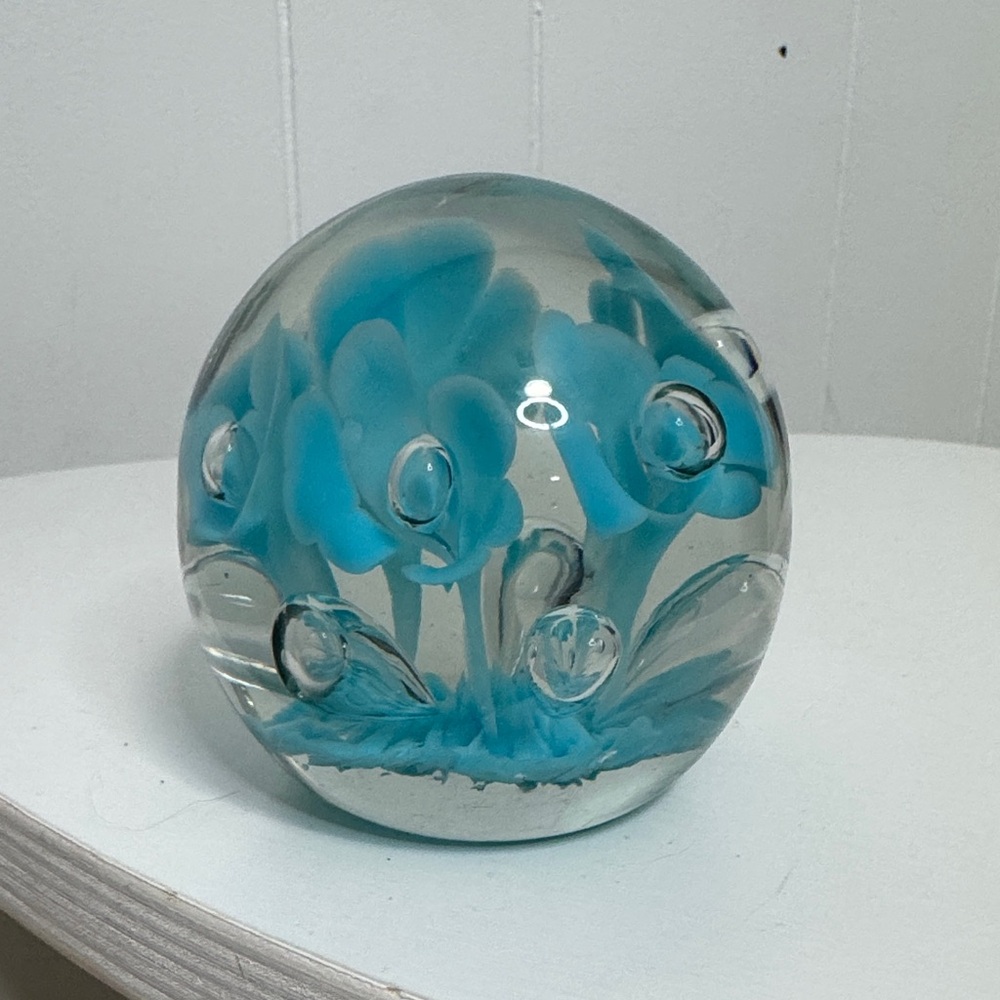 Vintage blue flower clear paperweight